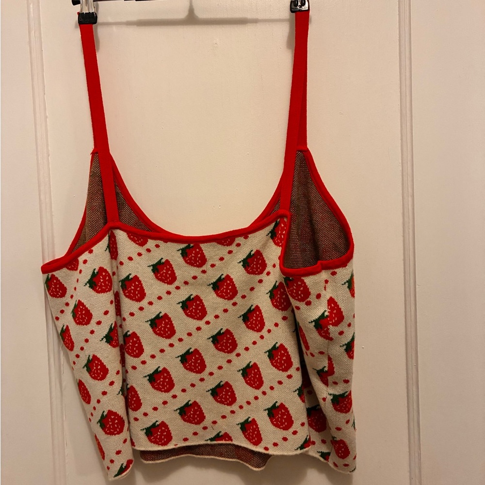 Strawberry Print Cream Crop Tank with Red Trim - Picture 3 of 3